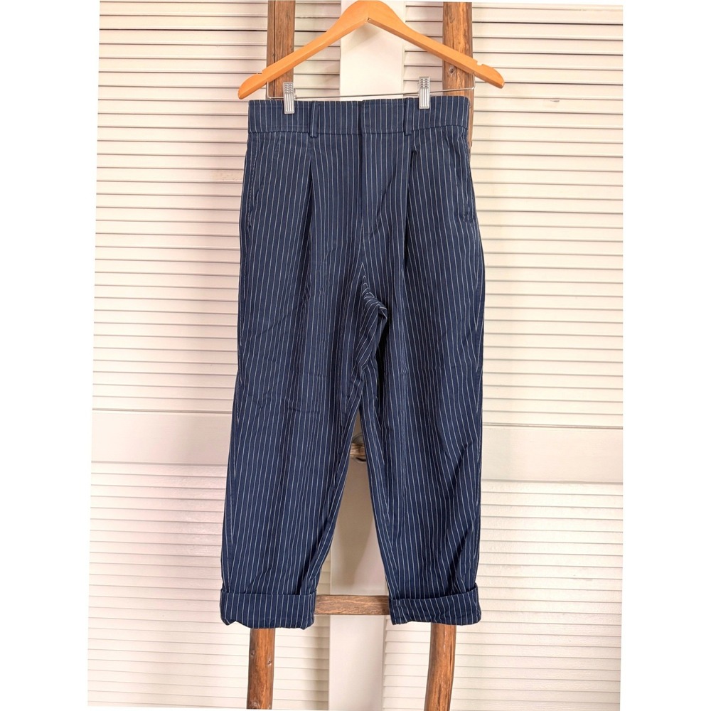 Everlane Navy Pinstripe Pleated Tapered Trousers Size 4 High Rise Cuffed Pants